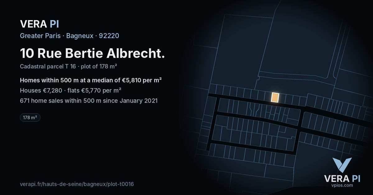 10 Rue Bertie Albrecht, Bagneux at night – the plot lit, the parcels around coloured by the prices near them