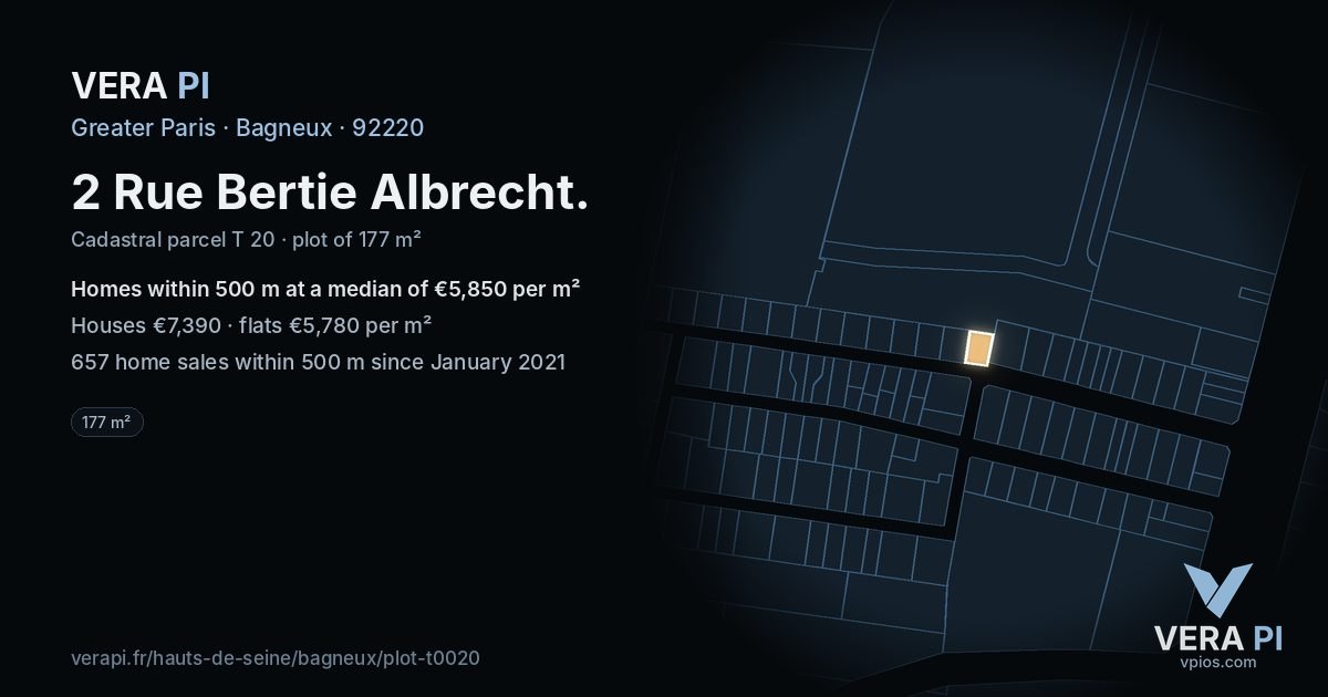 2 Rue Bertie Albrecht, Bagneux at night – the plot lit, the parcels around coloured by the prices near them