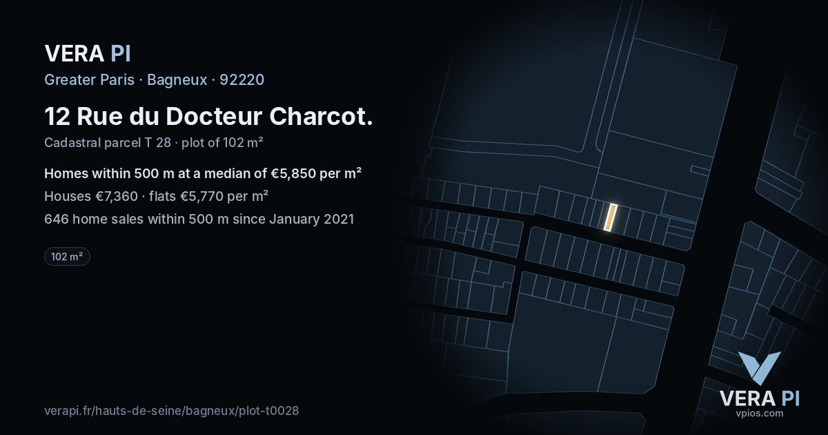 12 Rue du Docteur Charcot, Bagneux at night – the plot lit, the parcels around coloured by the prices near them