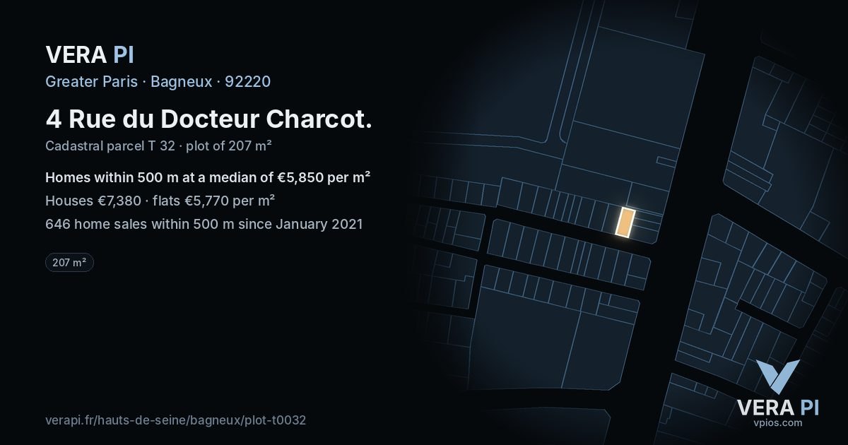 4 Rue du Docteur Charcot, Bagneux at night – the plot lit, the parcels around coloured by the prices near them