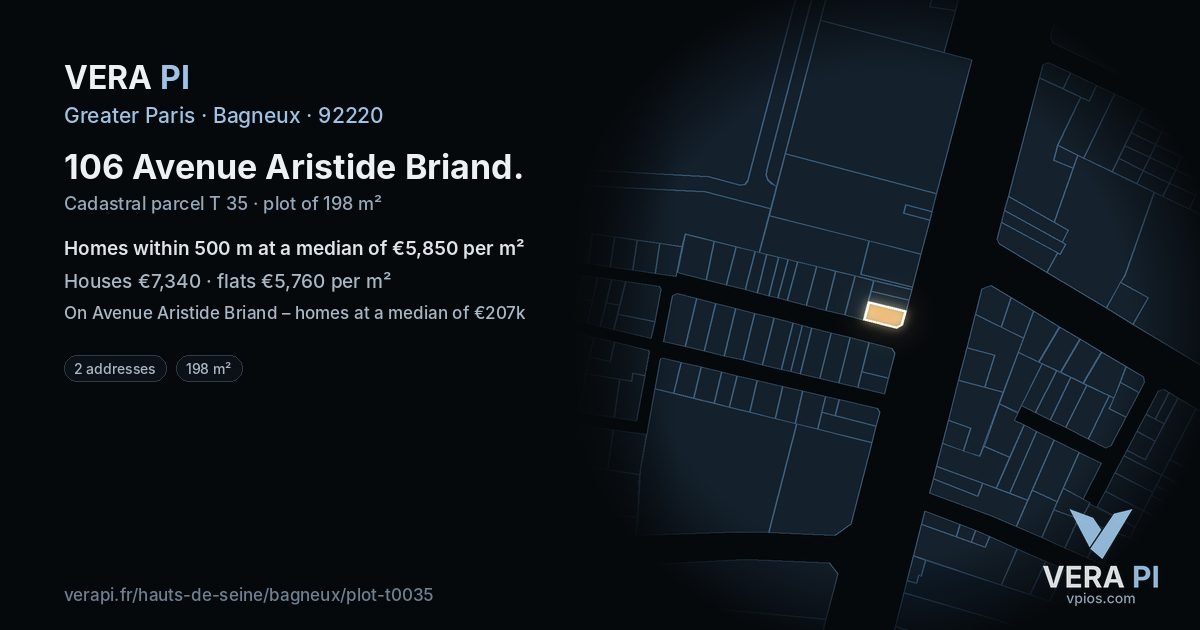 106 Avenue Aristide Briand, Bagneux at night – the plot lit, the parcels around coloured by the prices near them