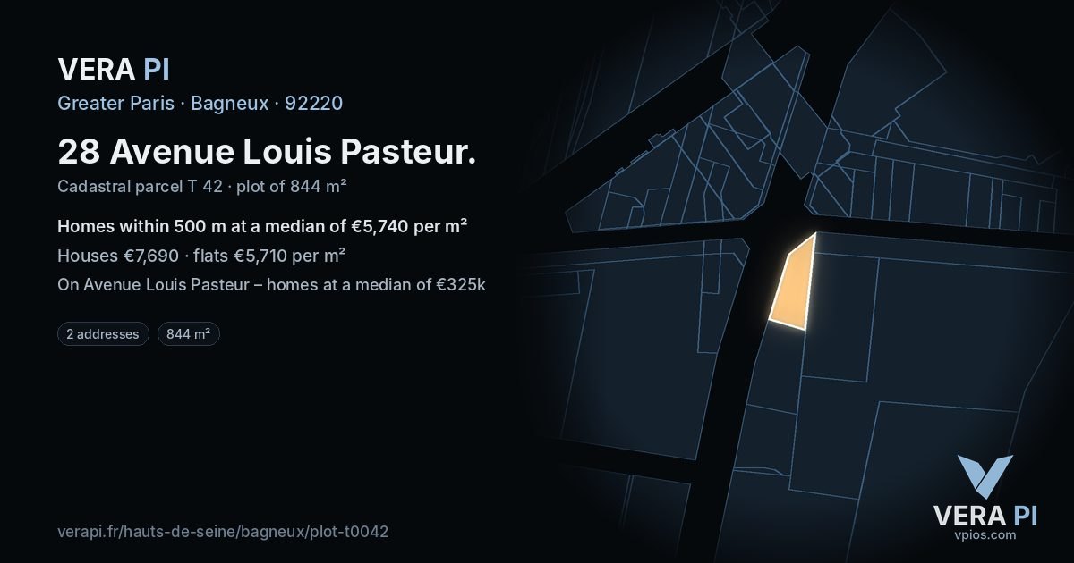 28 Avenue Louis Pasteur, Bagneux at night – the plot lit, the parcels around coloured by the prices near them