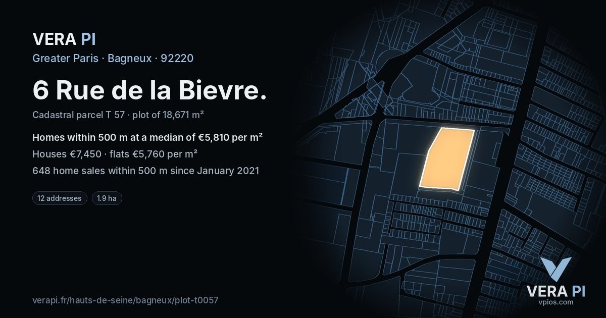 6 Rue de la Bievre, Bagneux at night – the plot lit, the parcels around coloured by the prices near them