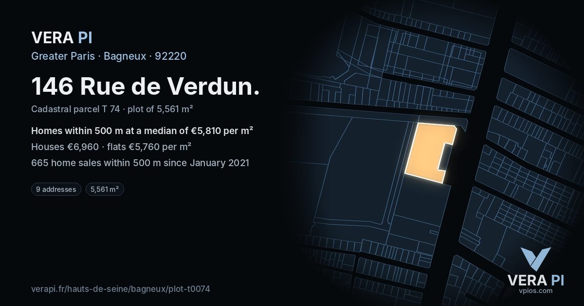146 Rue de Verdun, Bagneux at night – the plot lit, the parcels around coloured by the prices near them