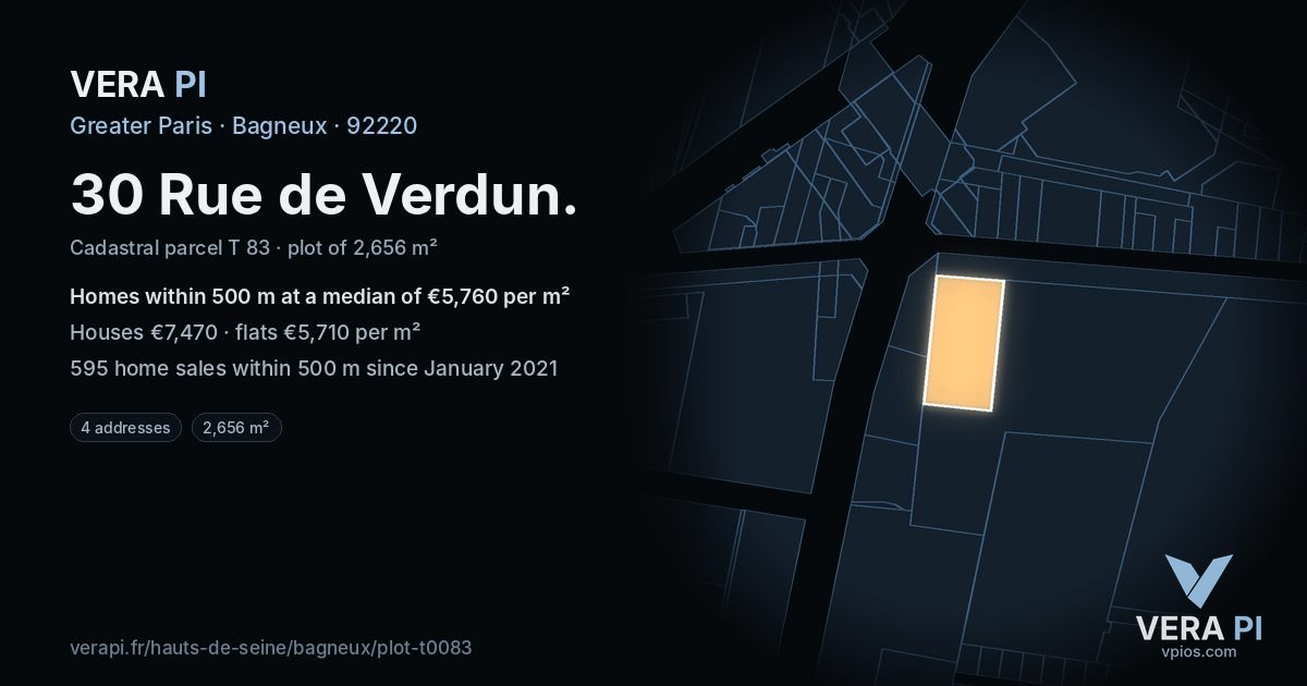 30 Rue de Verdun, Bagneux at night – the plot lit, the parcels around coloured by the prices near them
