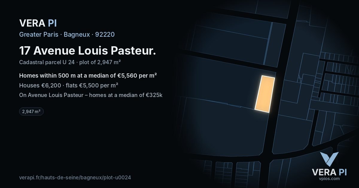 17 Avenue Louis Pasteur, Bagneux at night – the plot lit, the parcels around coloured by the prices near them