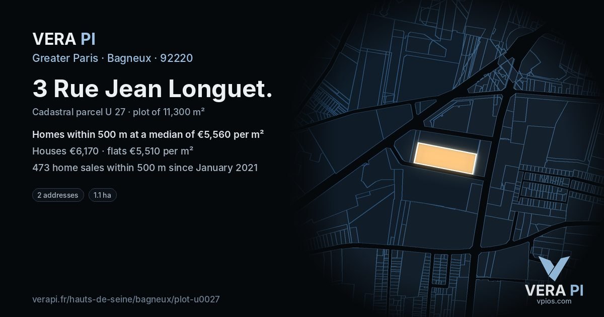 3 Rue Jean Longuet, Bagneux at night – the plot lit, the parcels around coloured by the prices near them