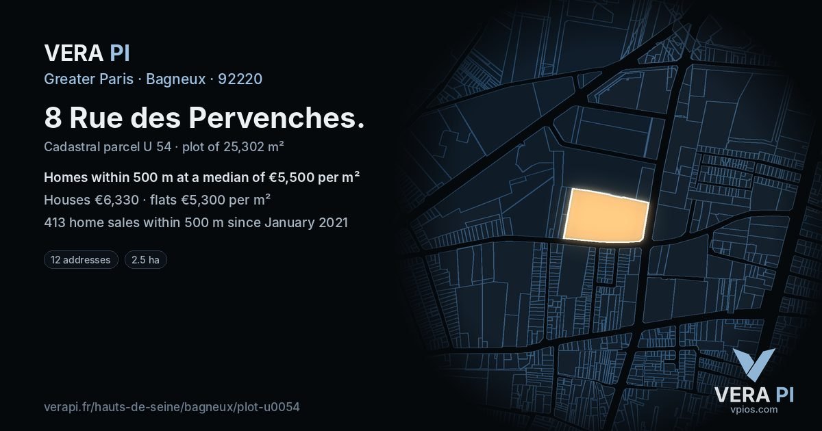 8 Rue des Pervenches, Bagneux at night – the plot lit, the parcels around coloured by the prices near them