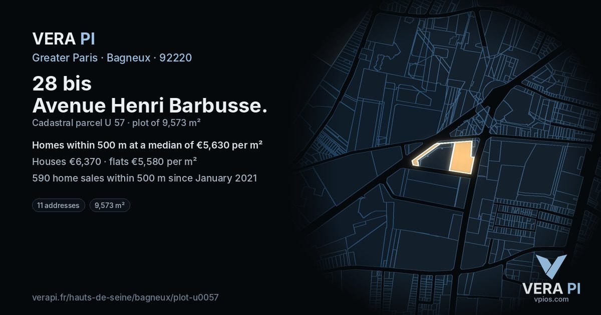 28 bis Avenue Henri Barbusse, Bagneux at night – the plot lit, the parcels around coloured by the prices near them
