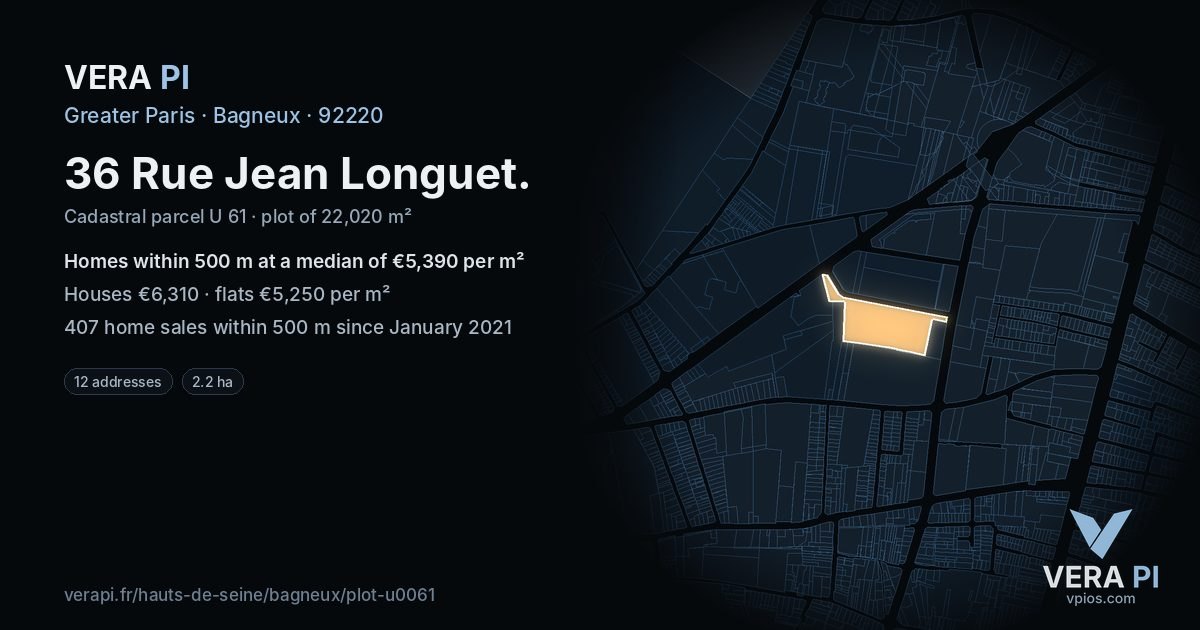 36 Rue Jean Longuet, Bagneux at night – the plot lit, the parcels around coloured by the prices near them