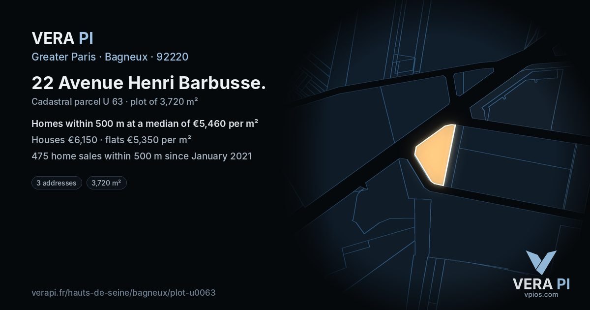 22 Avenue Henri Barbusse, Bagneux at night – the plot lit, the parcels around coloured by the prices near them