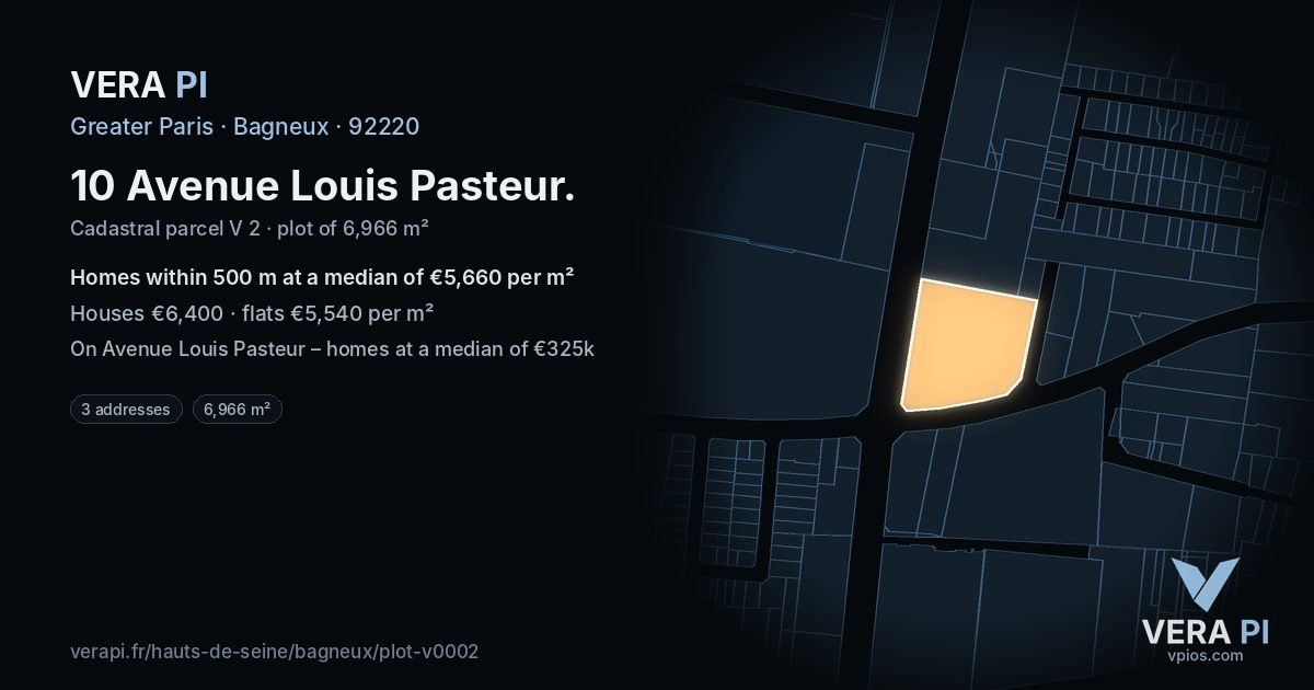 10 Avenue Louis Pasteur, Bagneux at night – the plot lit, the parcels around coloured by the prices near them