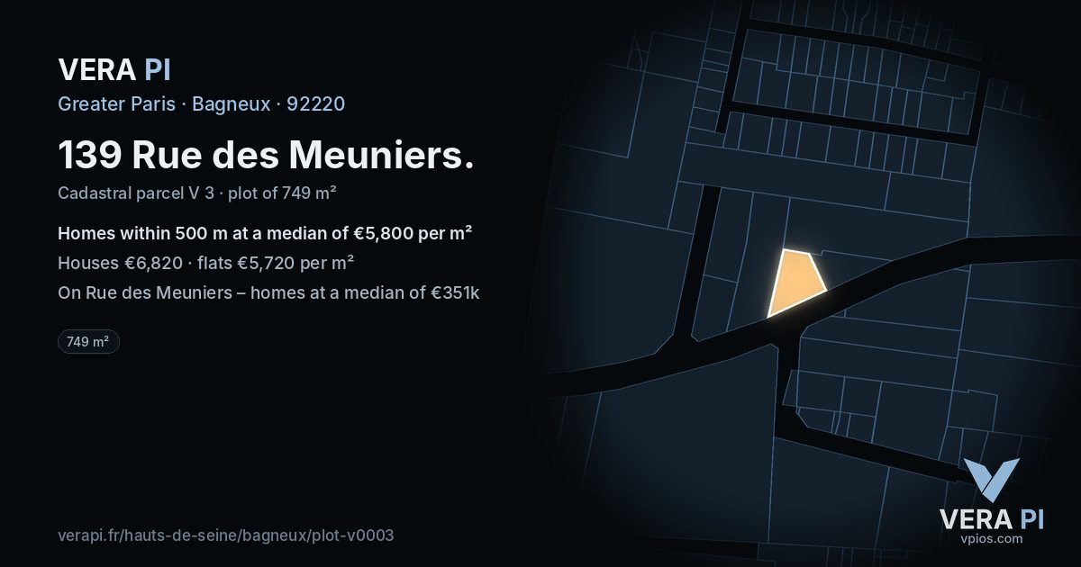 139 Rue des Meuniers, Bagneux at night – the plot lit, the parcels around coloured by the prices near them