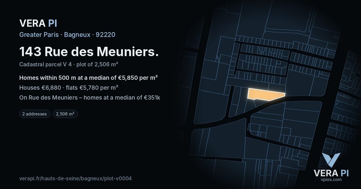 143 Rue des Meuniers, Bagneux at night – the plot lit, the parcels around coloured by the prices near them