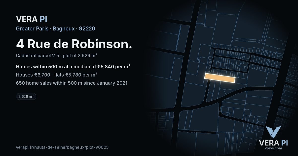 4 Rue de Robinson, Bagneux at night – the plot lit, the parcels around coloured by the prices near them