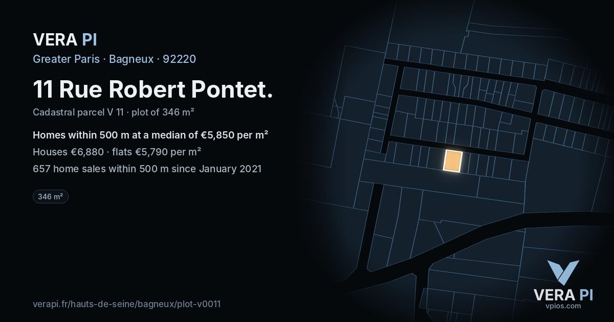 11 Rue Robert Pontet, Bagneux at night – the plot lit, the parcels around coloured by the prices near them