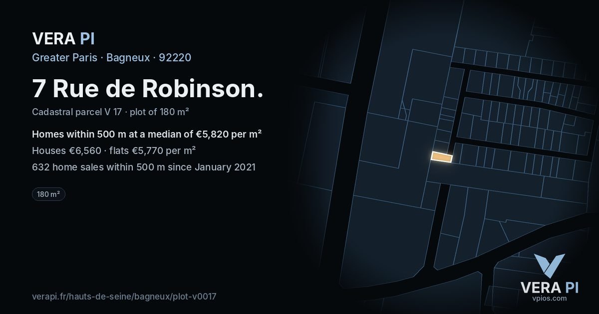 7 Rue de Robinson, Bagneux at night – the plot lit, the parcels around coloured by the prices near them