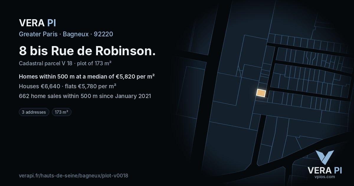 8 bis Rue de Robinson, Bagneux at night – the plot lit, the parcels around coloured by the prices near them