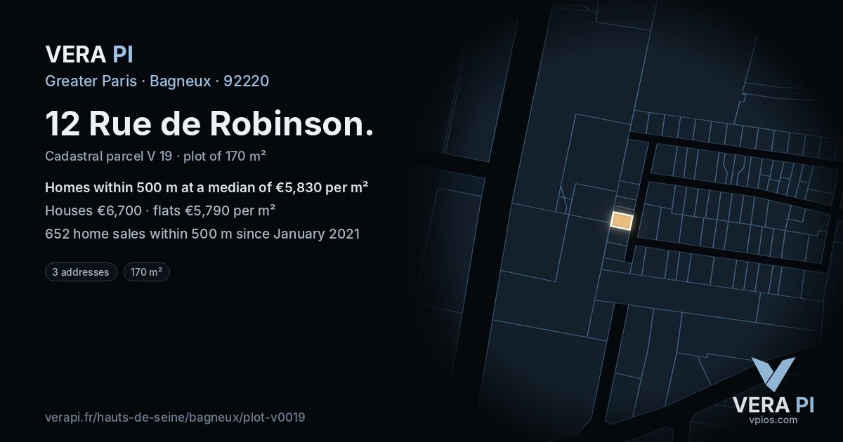 12 Rue de Robinson, Bagneux at night – the plot lit, the parcels around coloured by the prices near them