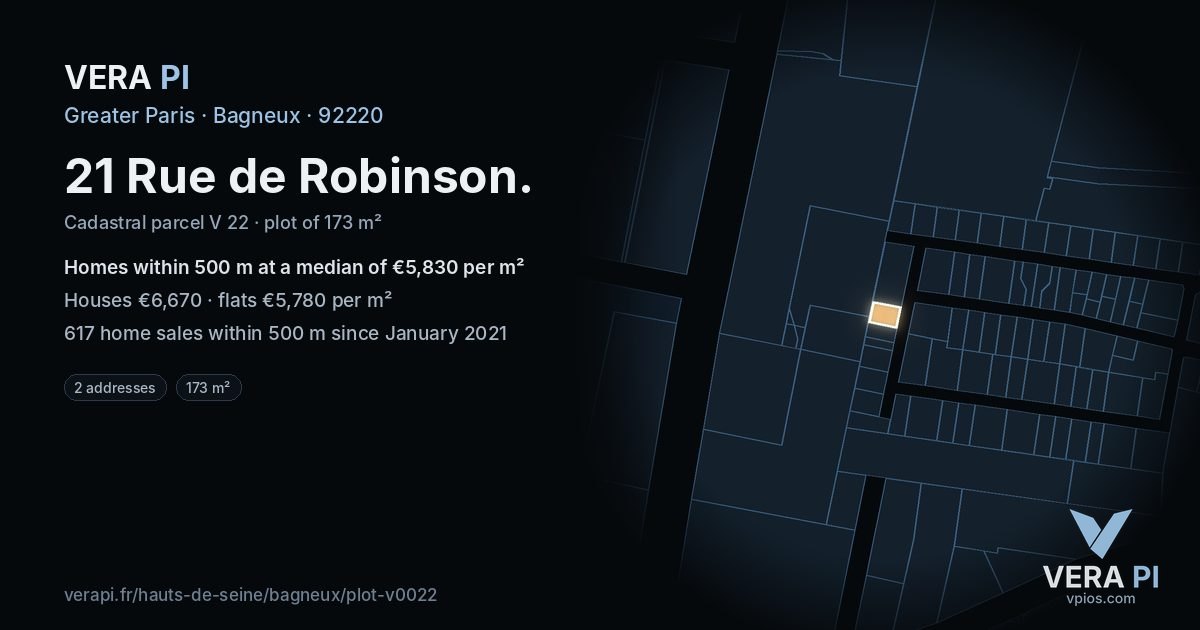 21 Rue de Robinson, Bagneux at night – the plot lit, the parcels around coloured by the prices near them