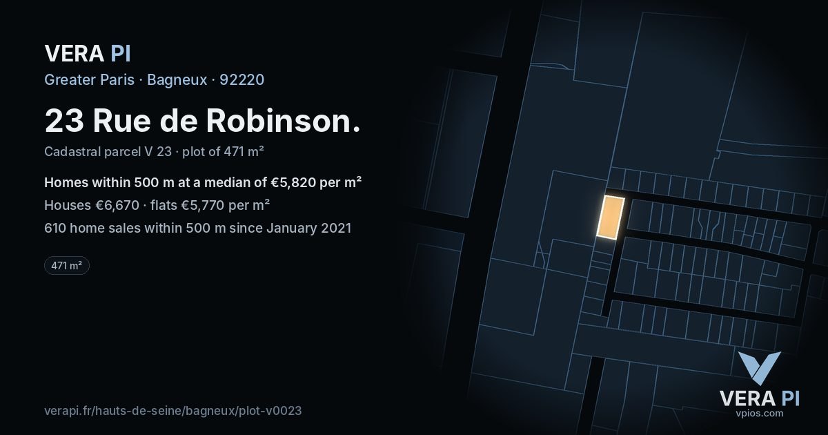 23 Rue de Robinson, Bagneux at night – the plot lit, the parcels around coloured by the prices near them