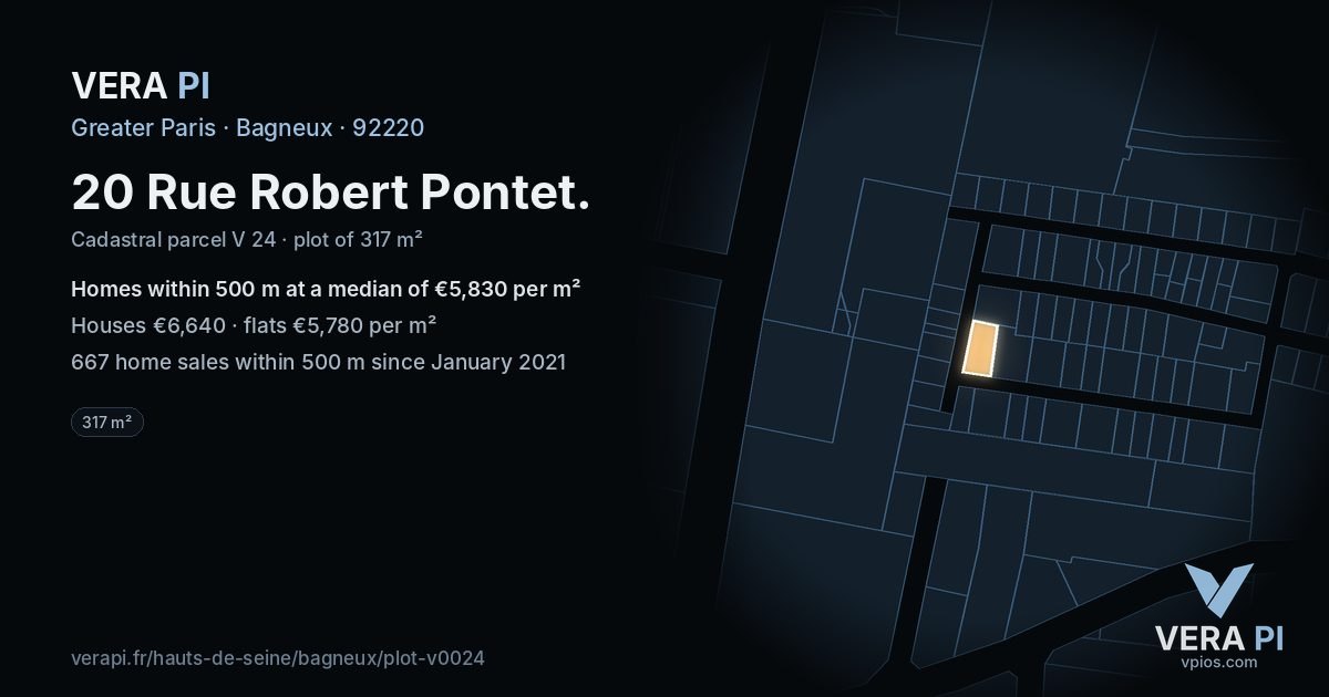 20 Rue Robert Pontet, Bagneux at night – the plot lit, the parcels around coloured by the prices near them