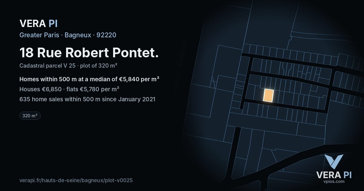 18 Rue Robert Pontet, Bagneux at night – the plot lit, the parcels around coloured by the prices near them