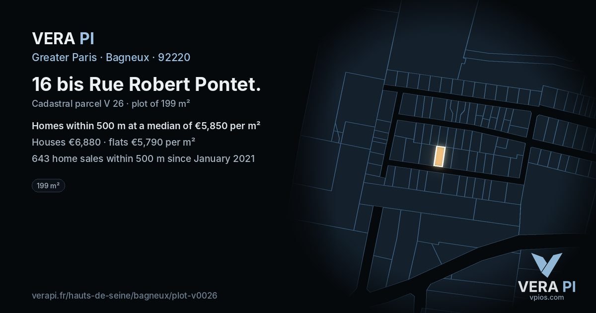 16 bis Rue Robert Pontet, Bagneux at night – the plot lit, the parcels around coloured by the prices near them