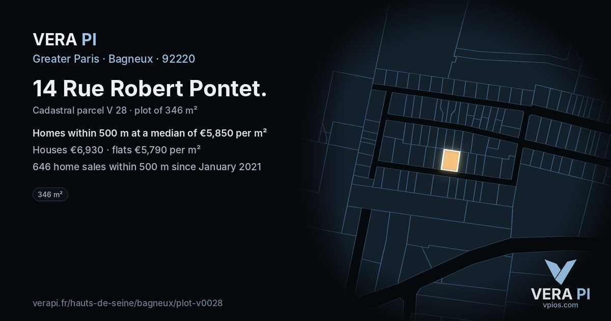 14 Rue Robert Pontet, Bagneux at night – the plot lit, the parcels around coloured by the prices near them