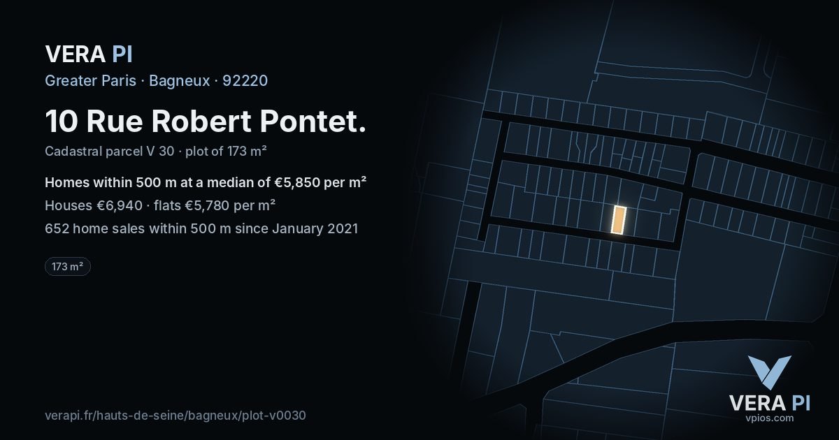 10 Rue Robert Pontet, Bagneux at night – the plot lit, the parcels around coloured by the prices near them