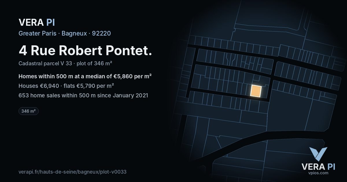 4 Rue Robert Pontet, Bagneux at night – the plot lit, the parcels around coloured by the prices near them