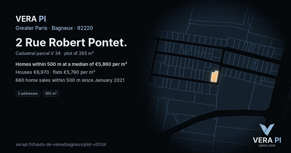 2 Rue Robert Pontet, Bagneux at night – the plot lit, the parcels around coloured by the prices near them