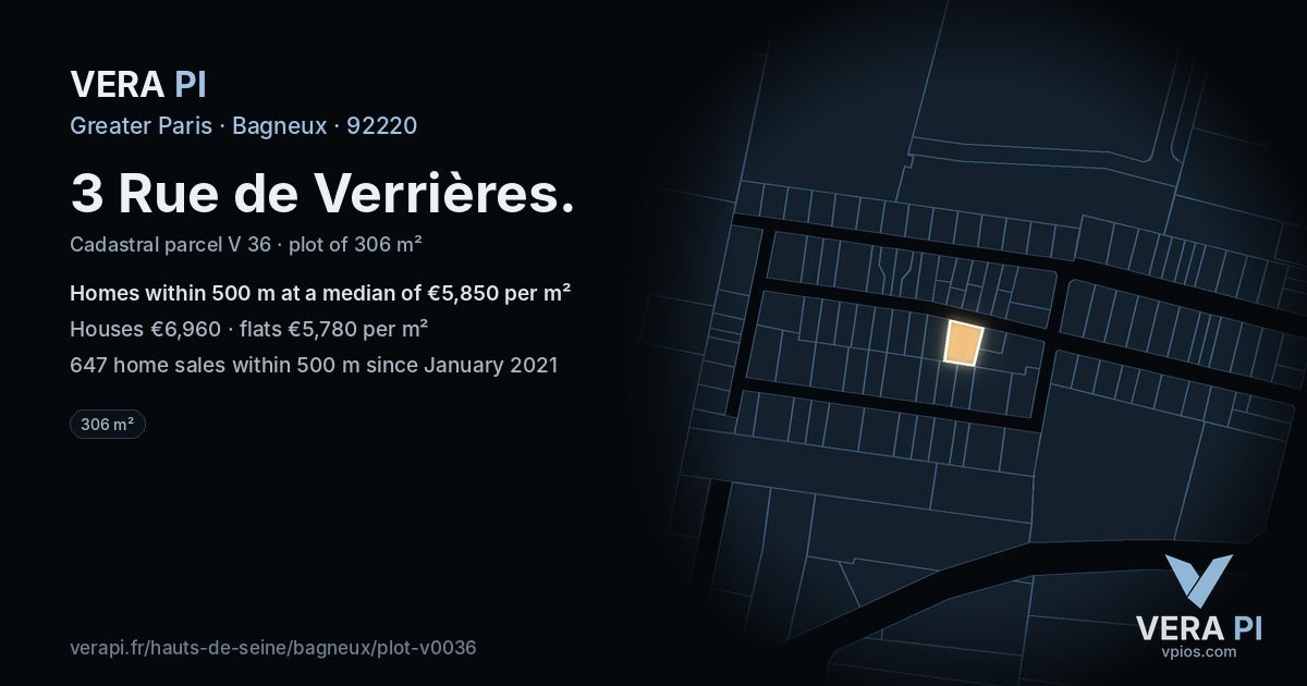 3 Rue de Verrières, Bagneux at night – the plot lit, the parcels around coloured by the prices near them
