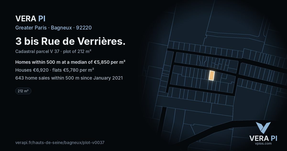 3 bis Rue de Verrières, Bagneux at night – the plot lit, the parcels around coloured by the prices near them