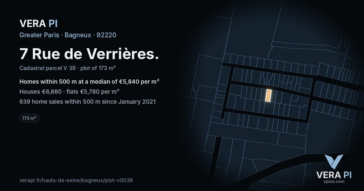 7 Rue de Verrières, Bagneux at night – the plot lit, the parcels around coloured by the prices near them