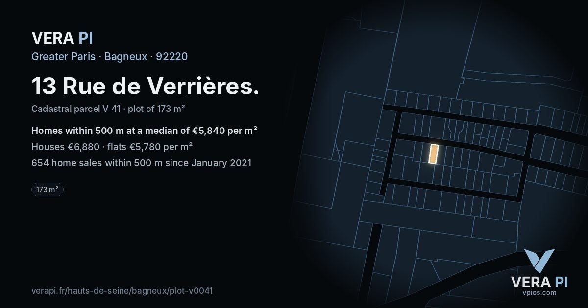 13 Rue de Verrières, Bagneux at night – the plot lit, the parcels around coloured by the prices near them