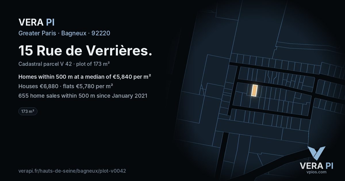15 Rue de Verrières, Bagneux at night – the plot lit, the parcels around coloured by the prices near them