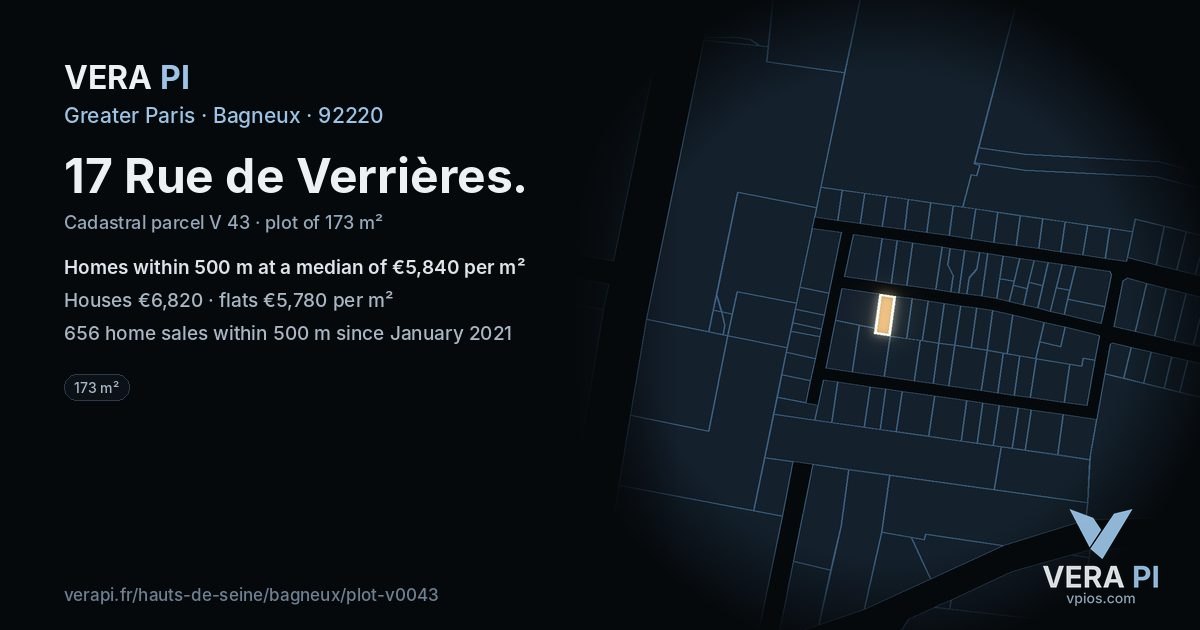 17 Rue de Verrières, Bagneux at night – the plot lit, the parcels around coloured by the prices near them