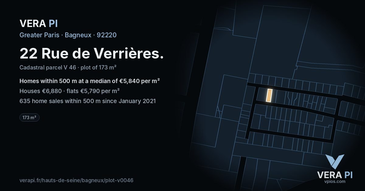 22 Rue de Verrières, Bagneux at night – the plot lit, the parcels around coloured by the prices near them