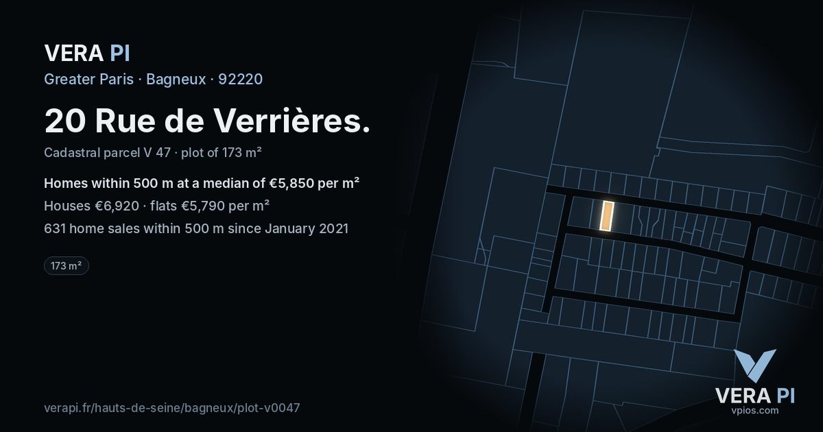 20 Rue de Verrières, Bagneux at night – the plot lit, the parcels around coloured by the prices near them