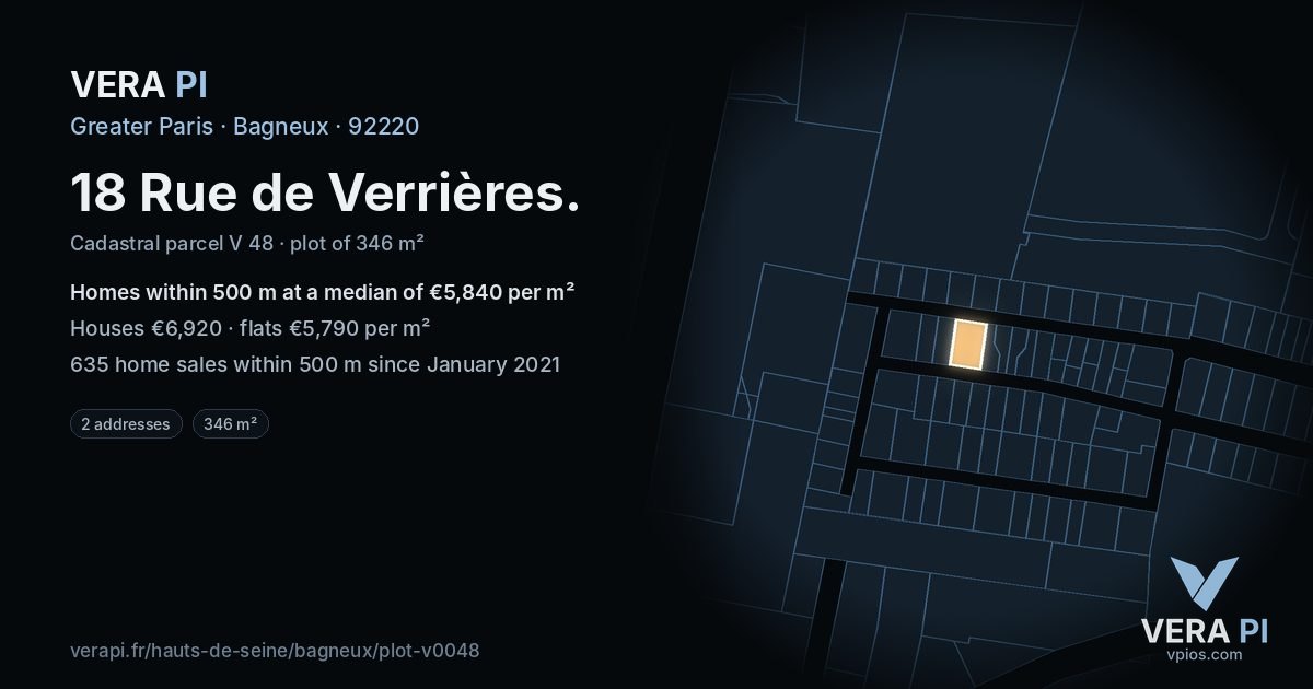 18 Rue de Verrières, Bagneux at night – the plot lit, the parcels around coloured by the prices near them
