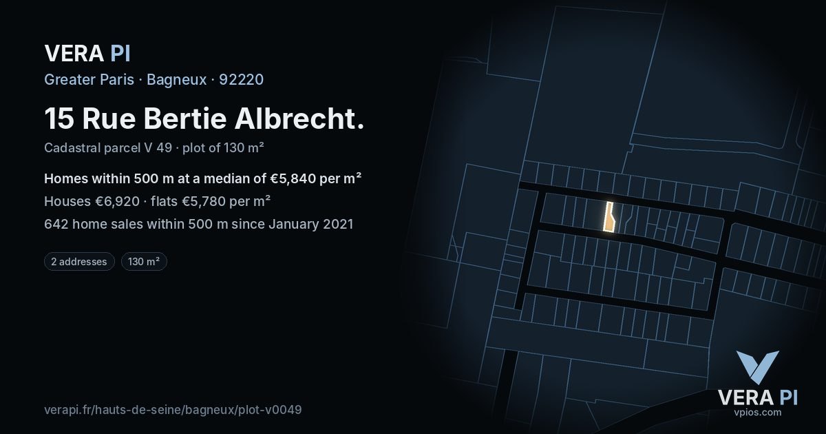 15 Rue Bertie Albrecht, Bagneux at night – the plot lit, the parcels around coloured by the prices near them
