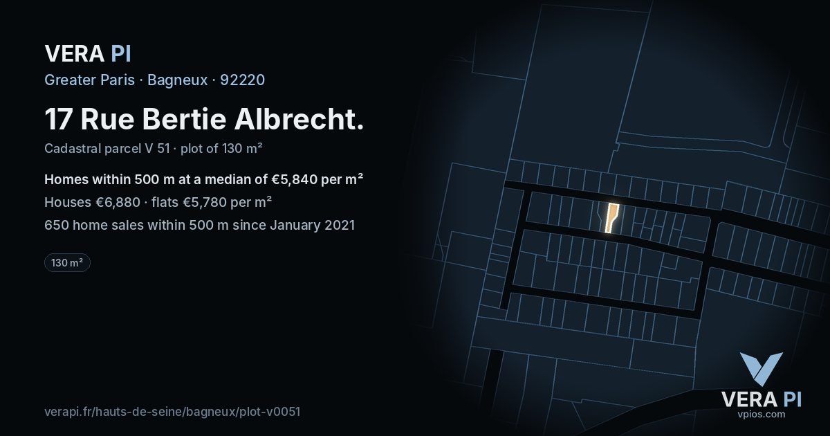 17 Rue Bertie Albrecht, Bagneux at night – the plot lit, the parcels around coloured by the prices near them
