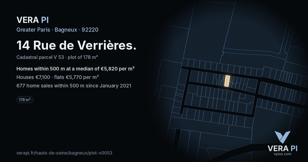 14 Rue de Verrières, Bagneux at night – the plot lit, the parcels around coloured by the prices near them
