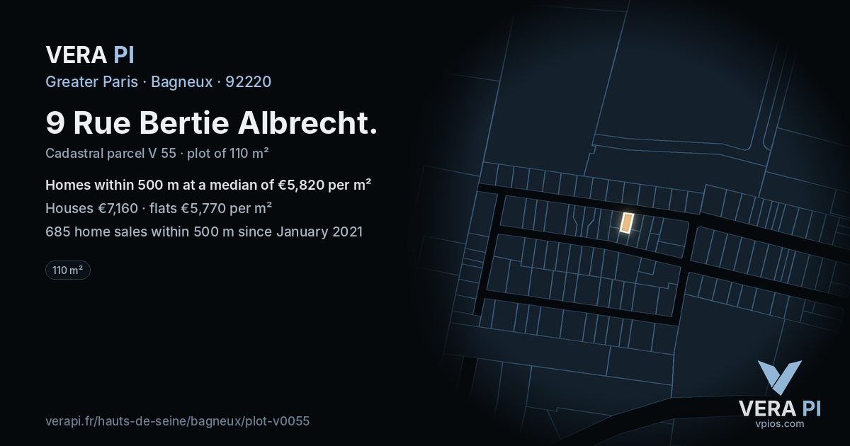 9 Rue Bertie Albrecht, Bagneux at night – the plot lit, the parcels around coloured by the prices near them
