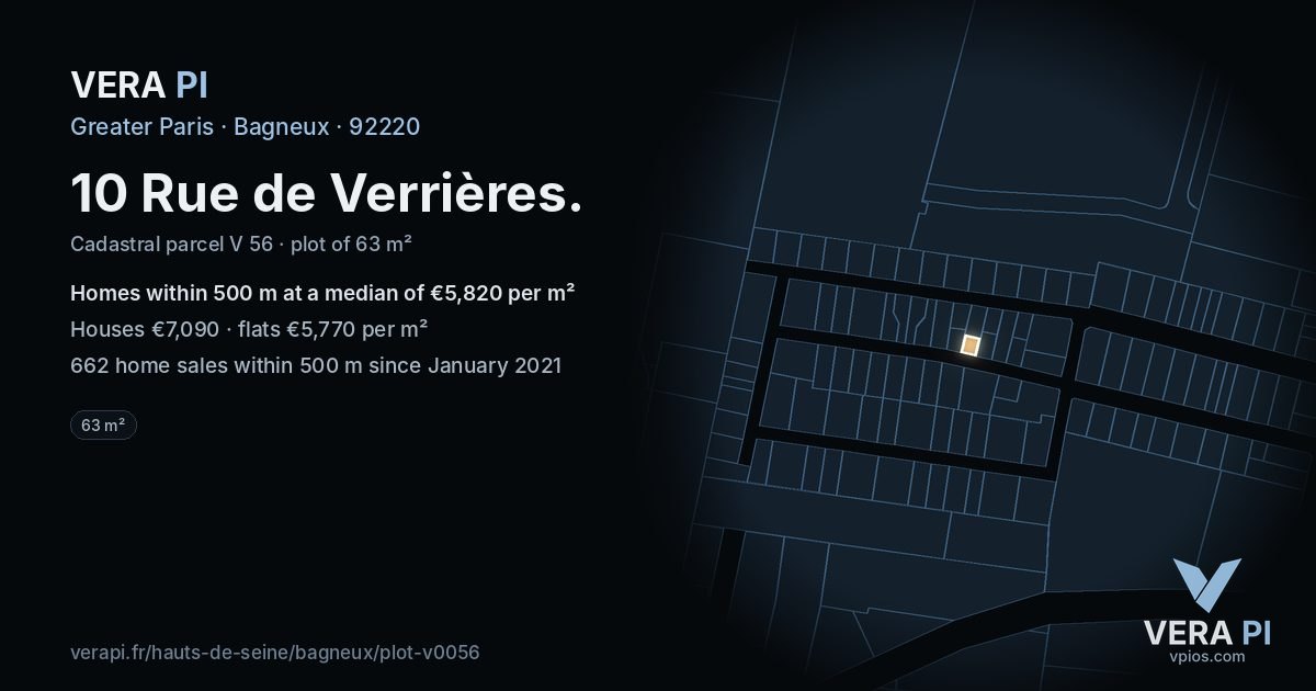 10 Rue de Verrières, Bagneux at night – the plot lit, the parcels around coloured by the prices near them