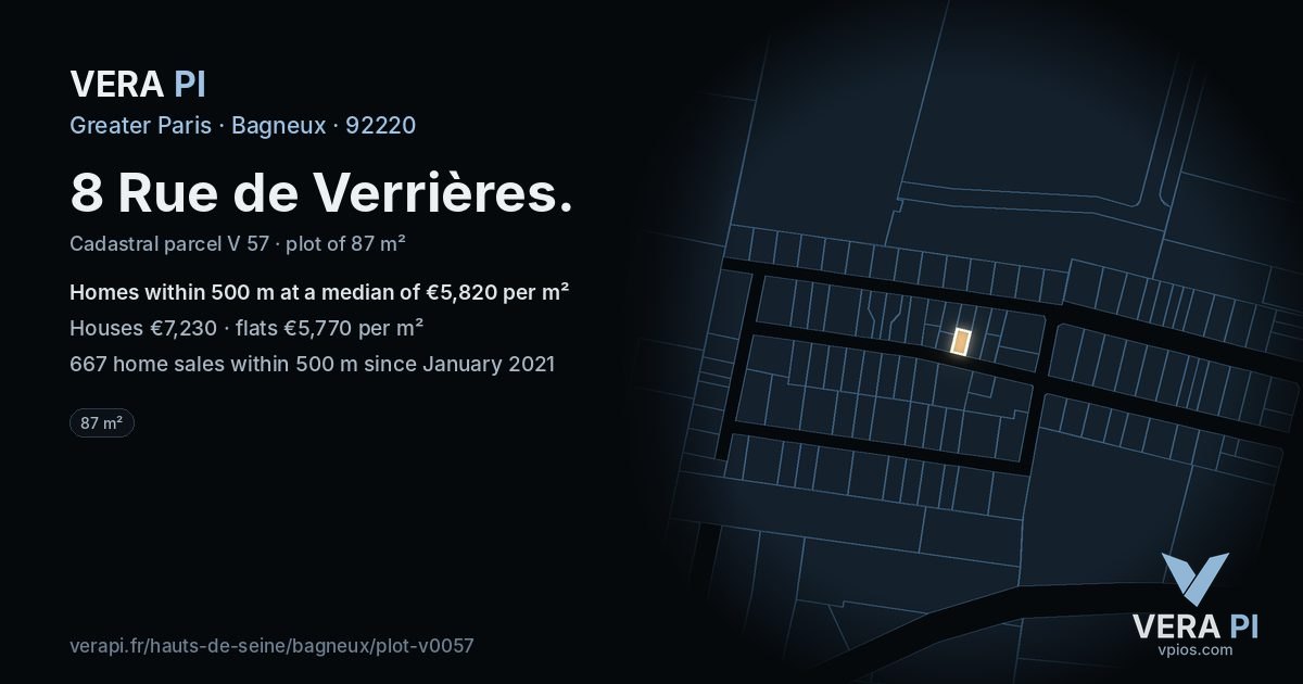 8 Rue de Verrières, Bagneux at night – the plot lit, the parcels around coloured by the prices near them