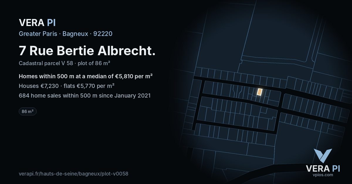 7 Rue Bertie Albrecht, Bagneux at night – the plot lit, the parcels around coloured by the prices near them