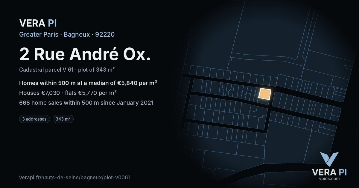 2 Rue André Ox, Bagneux at night – the plot lit, the parcels around coloured by the prices near them