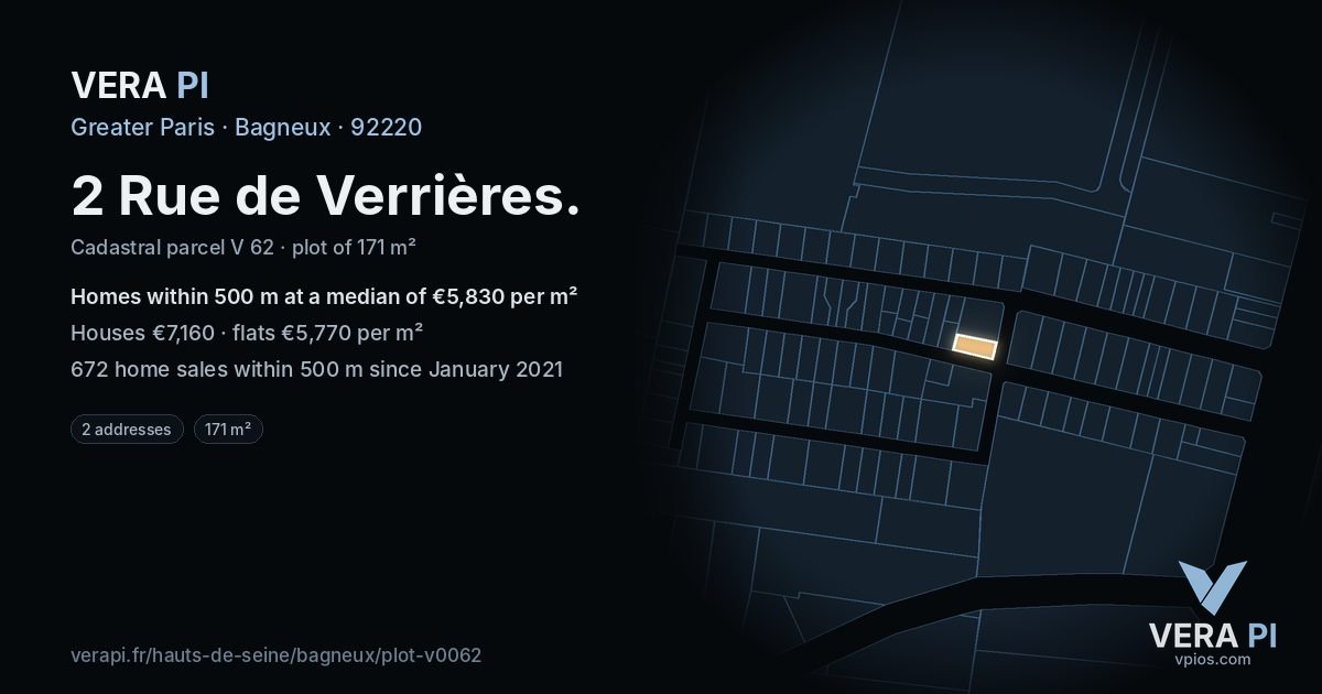 2 Rue de Verrières, Bagneux at night – the plot lit, the parcels around coloured by the prices near them